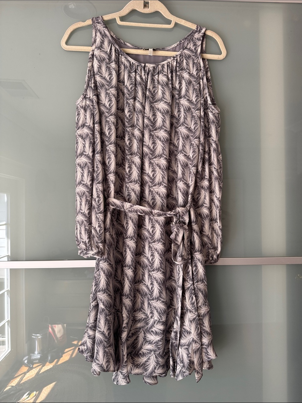 Joie Gray Silk Faustine Feather-Print Long Sleeve Tie-Waist Dress